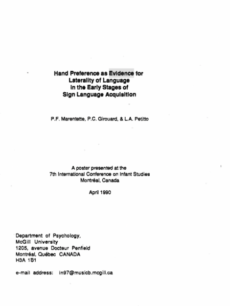 Hand preference as evidence for laterality of language in the early stages of sign language acquisition.